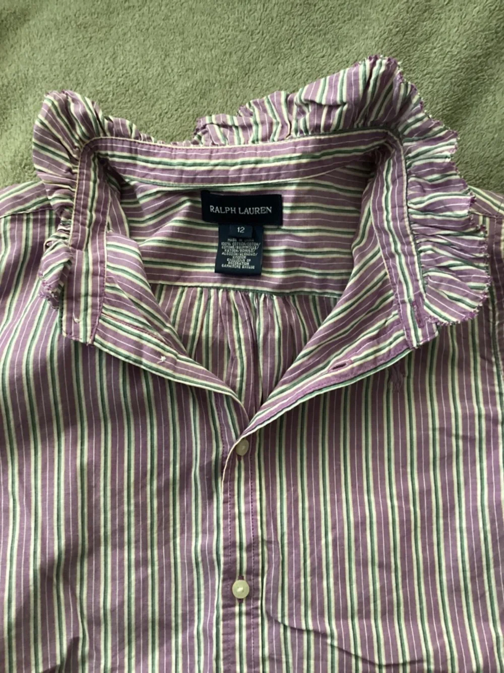Ralph Lauren Girl Striped Shirt Size 12 Frilled Collar White Purple Long Sleeve
